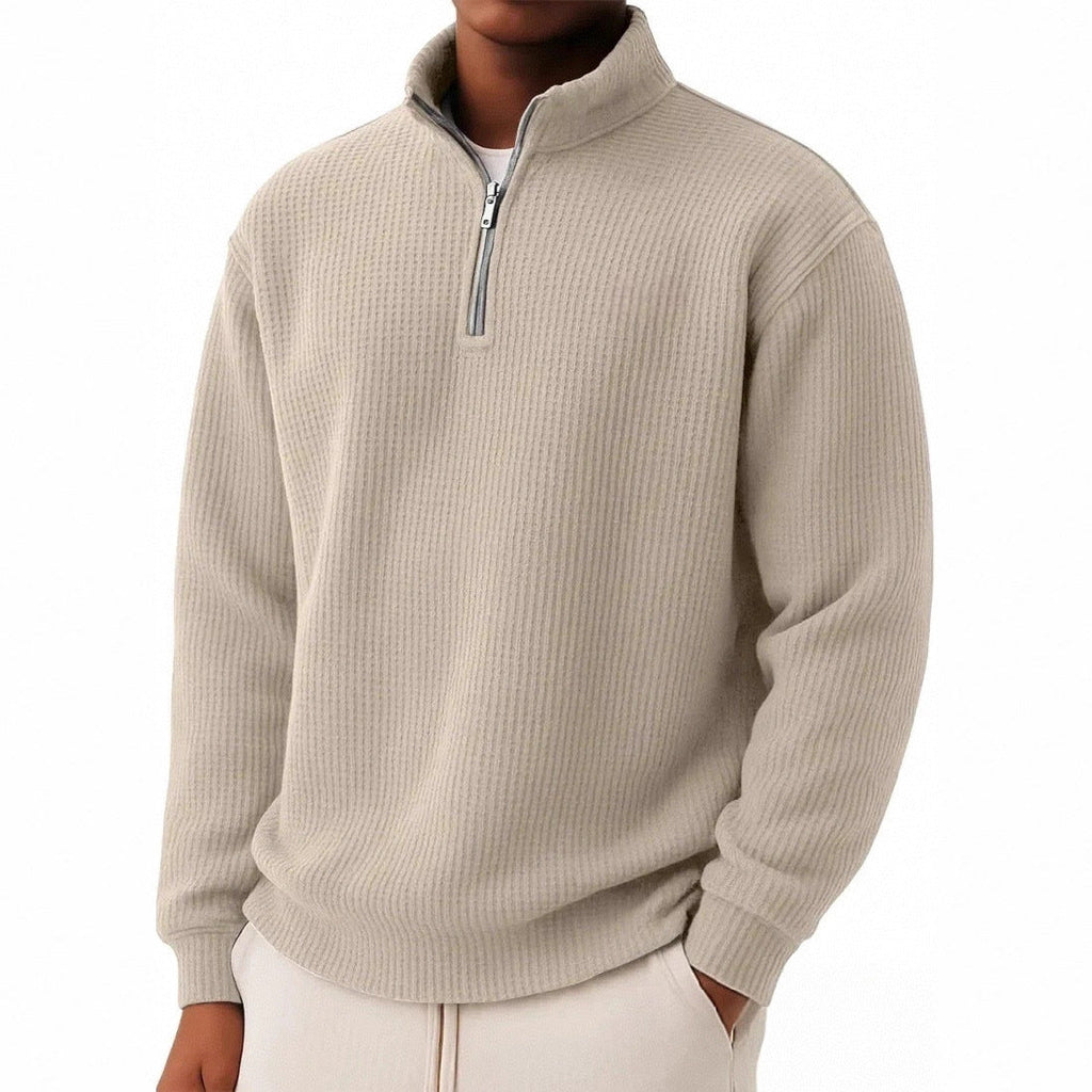 Solid-color Pullover Zip-up Relaxed-fit Casual Premium Waffle-knit Long-sleeve Polo Shirt