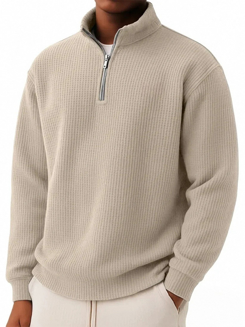 Solid-color Pullover Zip-up Relaxed-fit Casual Premium Waffle-knit Long-sleeve Polo Shirt