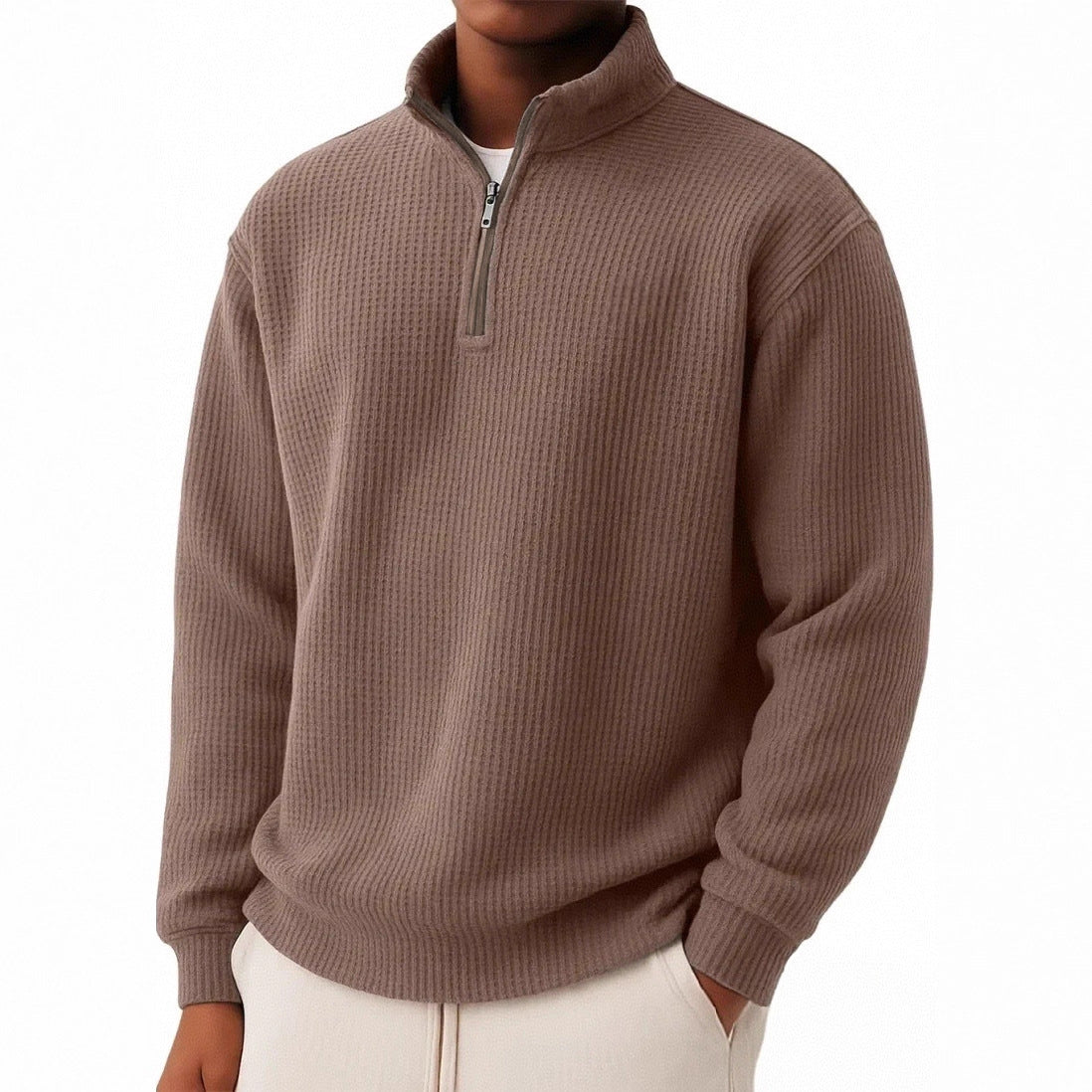 Solid-color Pullover Zip-up Relaxed-fit Casual Premium Waffle-knit Long-sleeve Polo Shirt