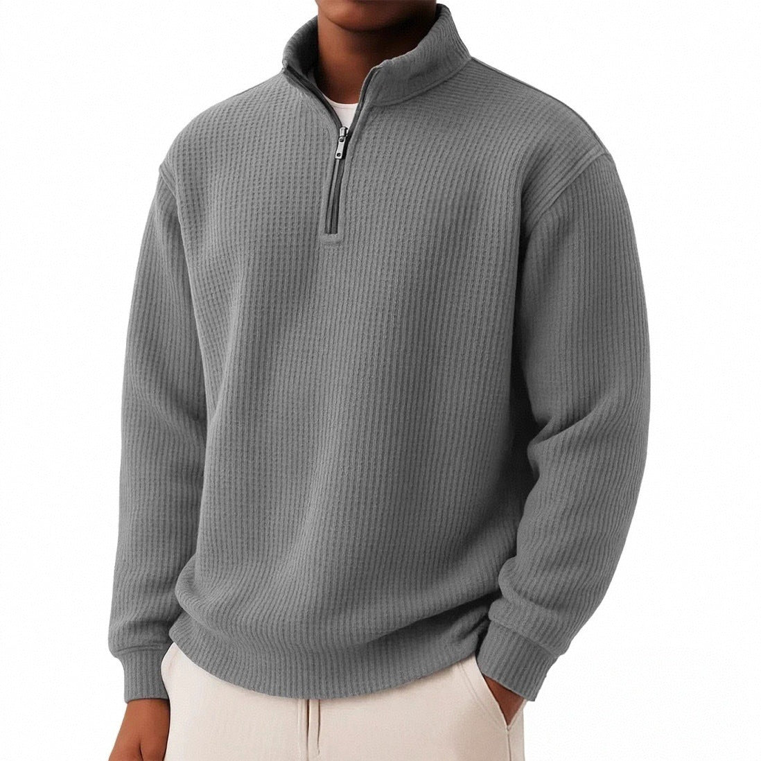 Solid-color Pullover Zip-up Relaxed-fit Casual Premium Waffle-knit Long-sleeve Polo Shirt