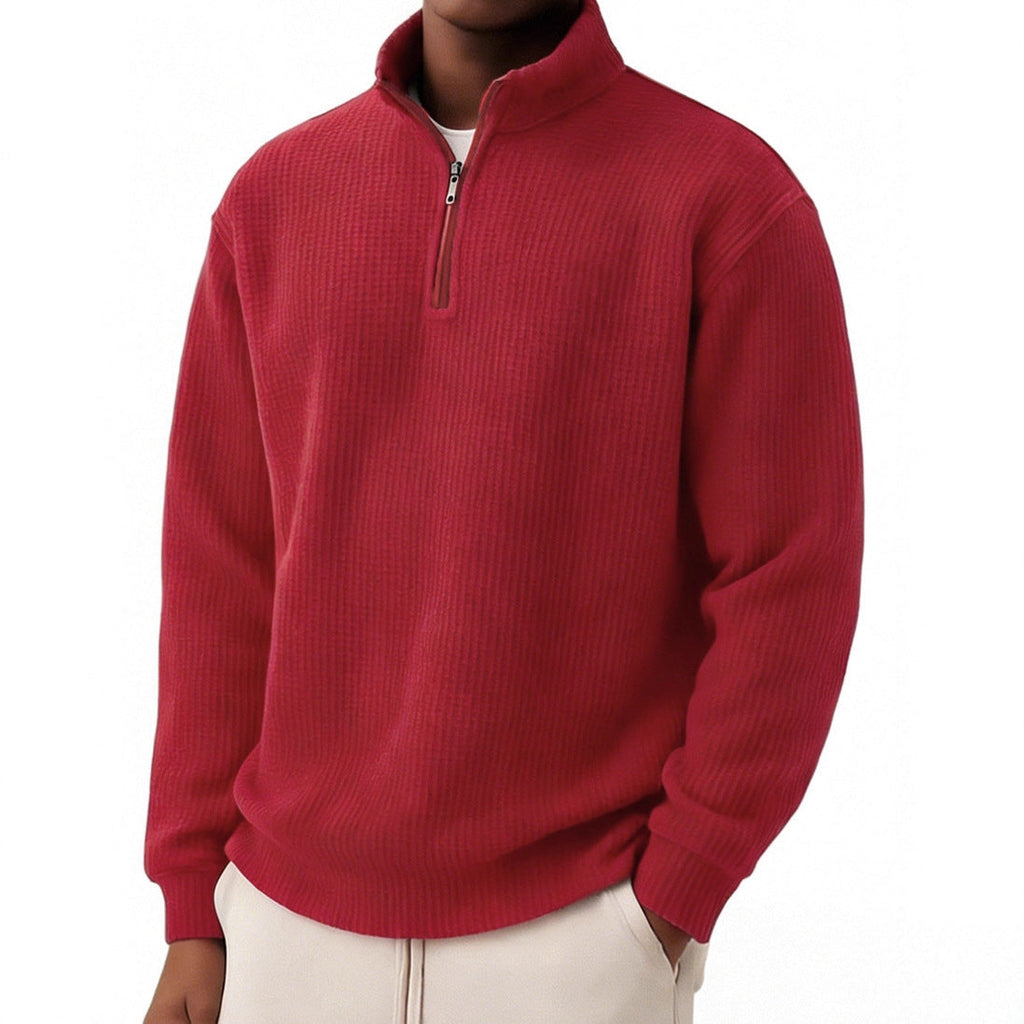 Solid-color Pullover Zip-up Relaxed-fit Casual Premium Waffle-knit Long-sleeve Polo Shirt