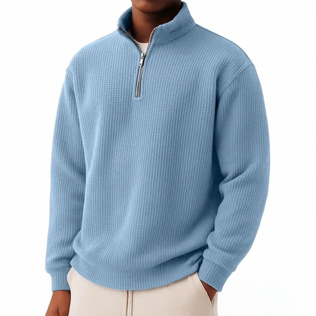 Solid-color Pullover Zip-up Relaxed-fit Casual Premium Waffle-knit Long-sleeve Polo Shirt
