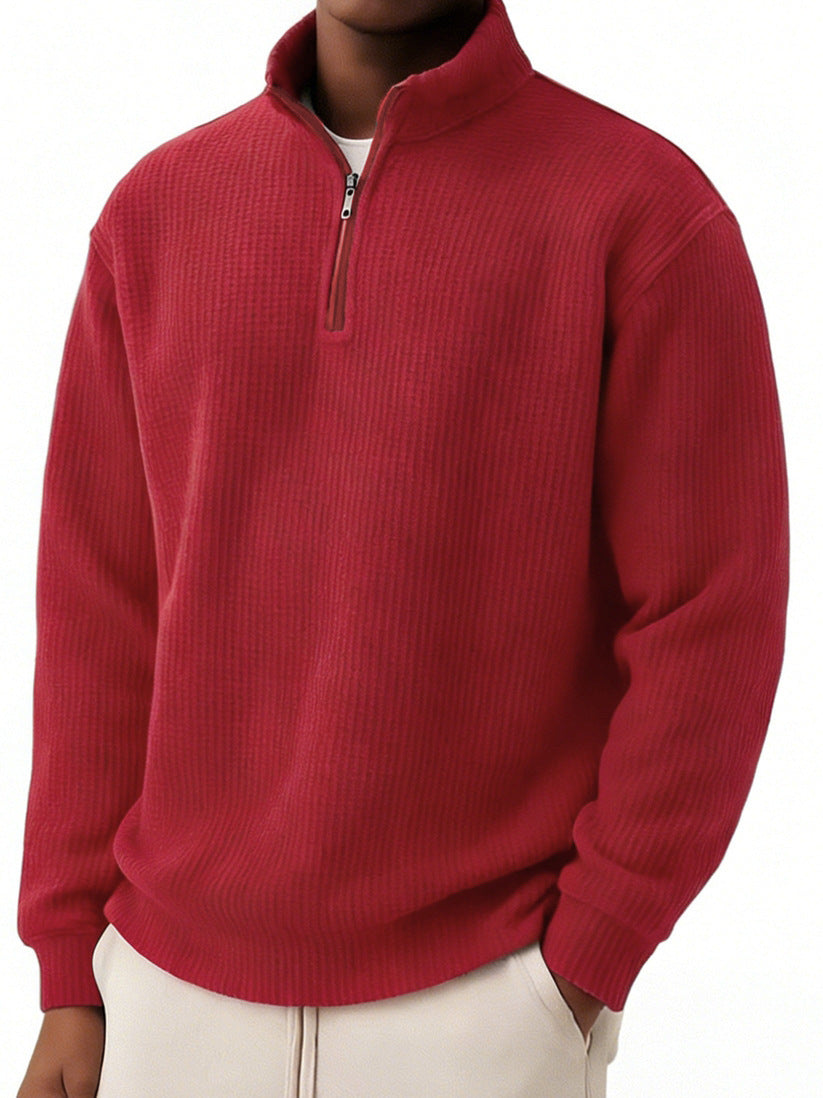 Solid-color Pullover Zip-up Relaxed-fit Casual Premium Waffle-knit Long-sleeve Polo Shirt