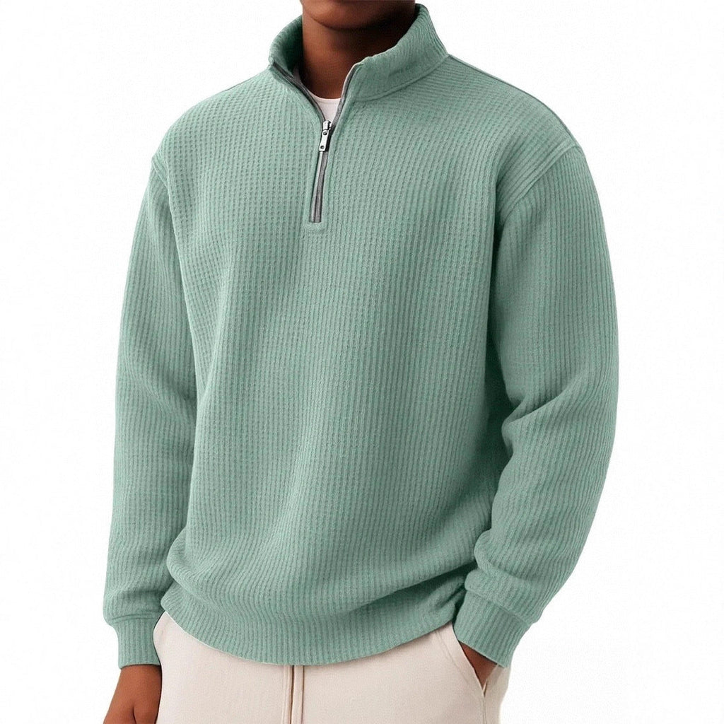 Solid-color Pullover Zip-up Relaxed-fit Casual Premium Waffle-knit Long-sleeve Polo Shirt