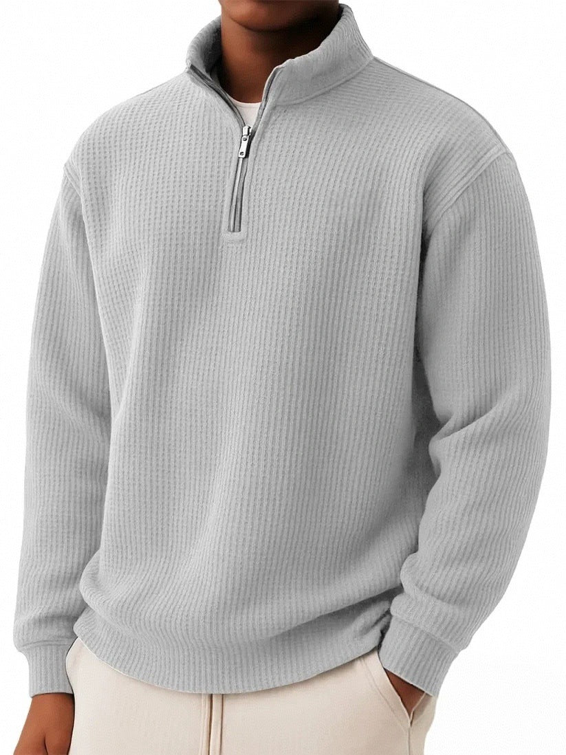 Solid-color Pullover Zip-up Relaxed-fit Casual Premium Waffle-knit Long-sleeve Polo Shirt